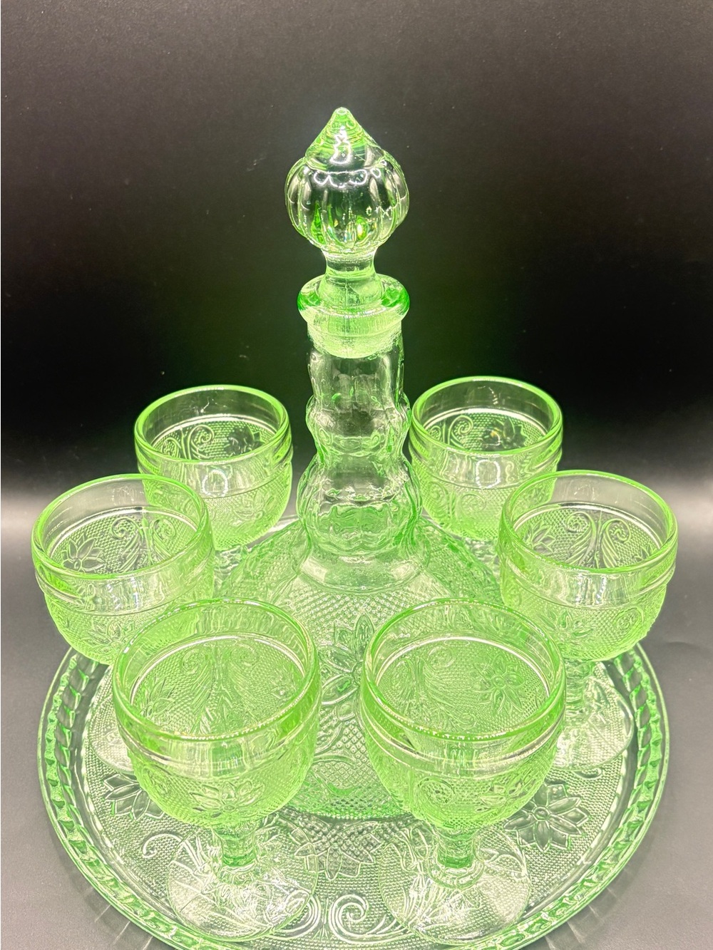 Vintage Green Indiana Tiara Chantilly Glass Decanter and Goblet Set